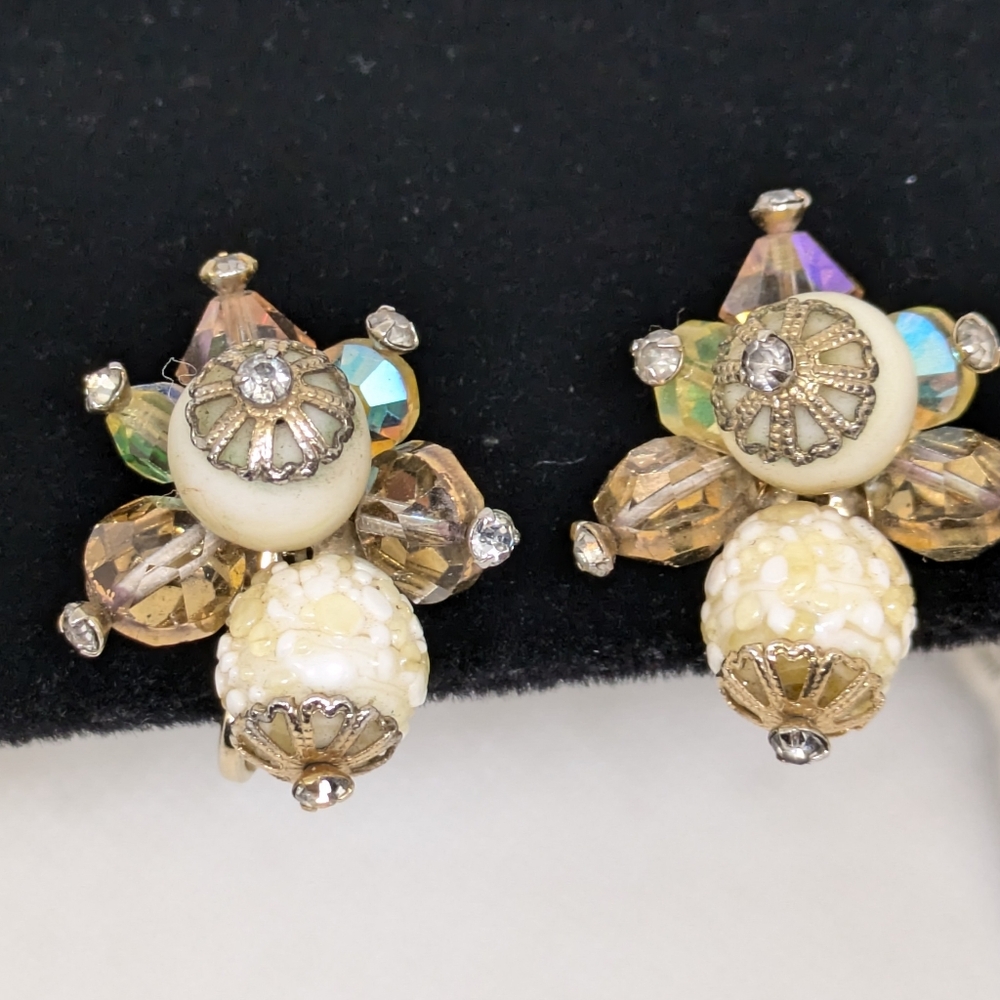 Vintage Vendome Clip-on Cluster Earrings Cream Faux Pearl Glass Bead Crystal